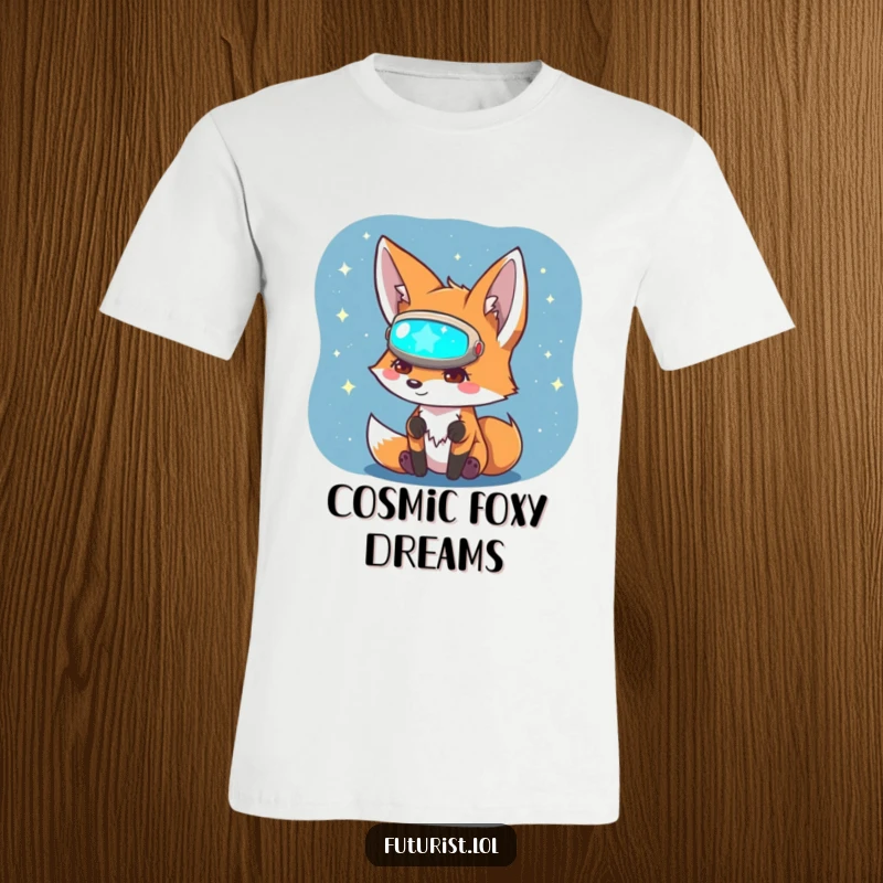 Funny Fox Sci-Fi T-Shirt: Curious fox character with a visor looks at a glowing holographic star map, a funny space adventure.