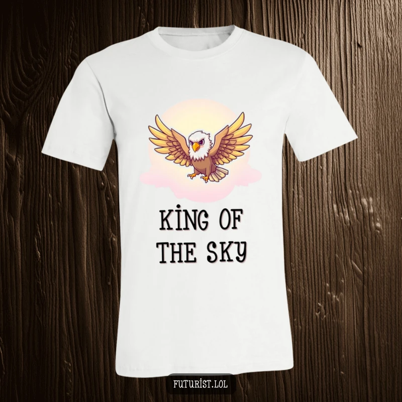 Funny Eagle Freedom T-Shirt: A majestic eagle character with outstretched wings flies through a vibrant neon-tinted sky, a funny symbol of liberty.