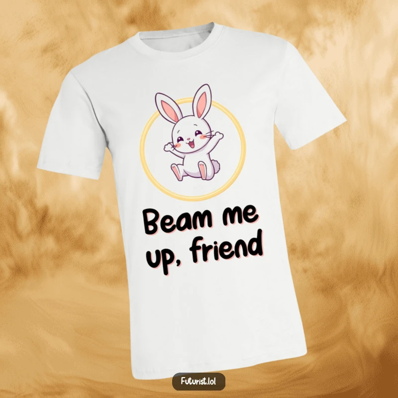 Funny Rabbit Acrobat T-Shirt: A playful rabbit character is captured mid-leap through a hoop of light beams, looking incredibly happy.