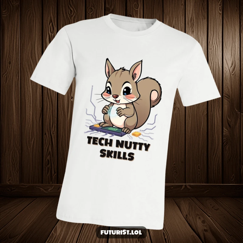 Funny Squirrel Genius T-Shirt: A determined squirrel character intently works on glowing circuits with its agile paws, a funny tech enthusiast design.