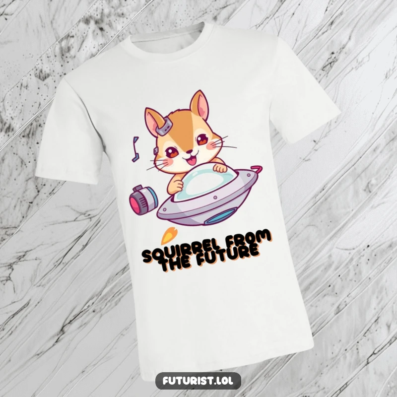 Funny squirrel t-shirt, a determined squirrel with cybernetic enhancements piloting a miniature flying saucer, radiating adventurous and humorous energy.