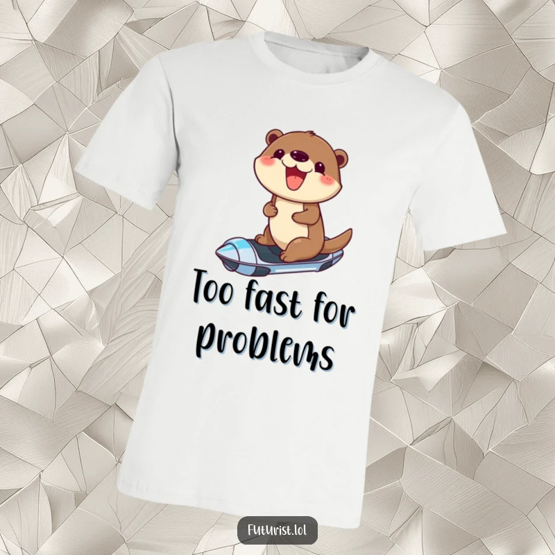 Funny t-shirt depicting a cheerful otter with a wide, joyful grin, effortlessly riding a futuristic hoverboard, radiating excitement.