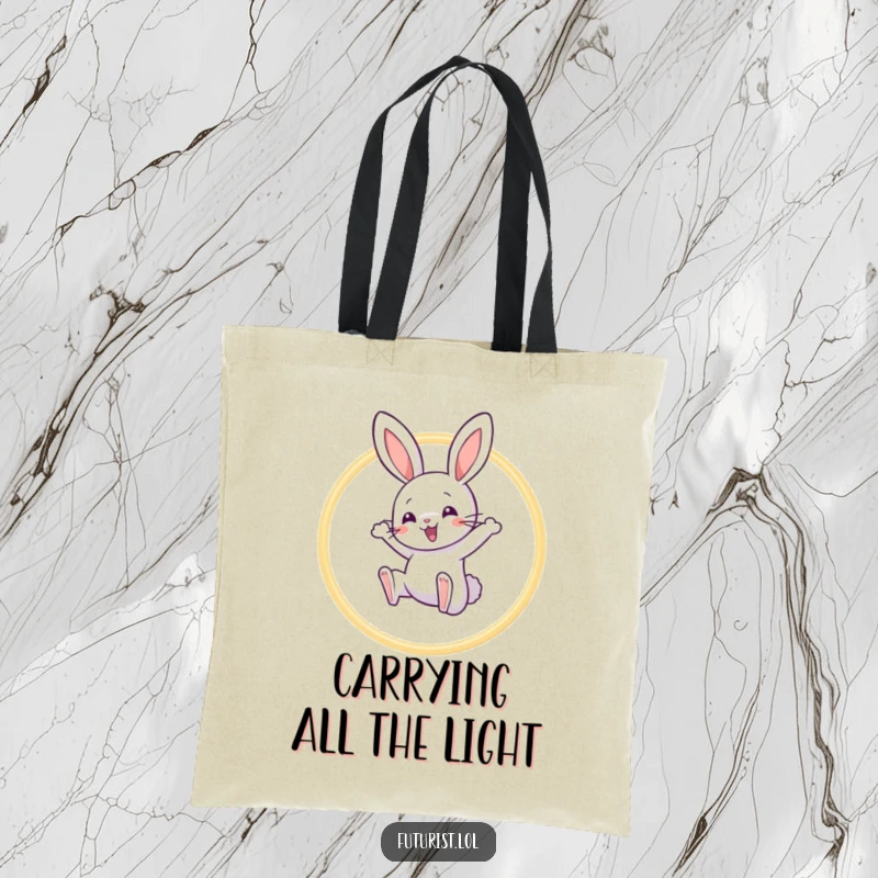 Funny Rabbit Acrobat Tote Bag: Features a playful rabbit character leaping through a hoop of light beams, a funny carry-all for joy.