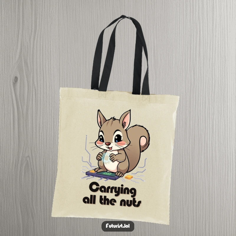 Funny Squirrel Genius Tote Bag: A determined squirrel character manipulates glowing circuits with tiny paws, a funny bag for carrying smarts.