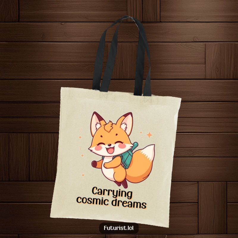 Funny fox cub with a jetpack, leaving stardust, on a durable tote bag for everyday use.