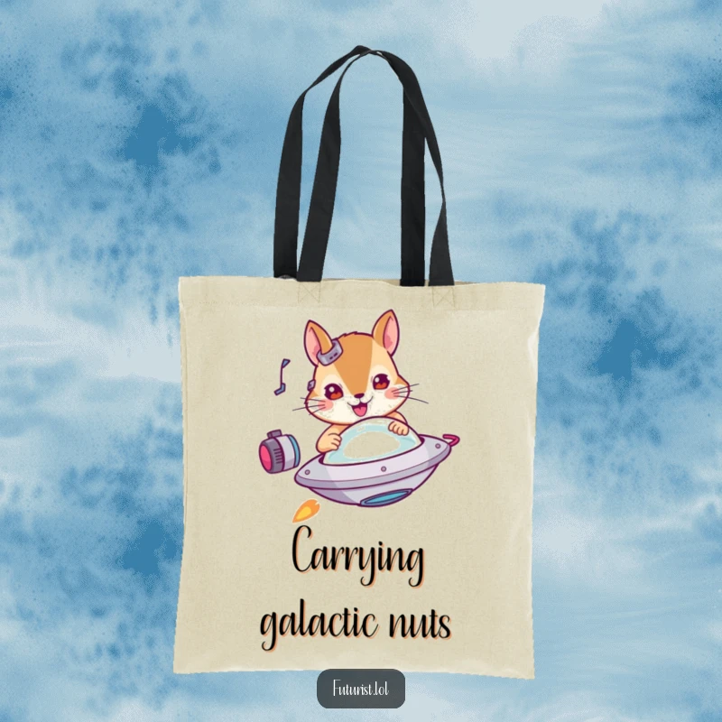 Funny squirrel tote bag, a determined cybernetic squirrel piloting a miniature flying saucer, ideal for carrying essentials humorously.