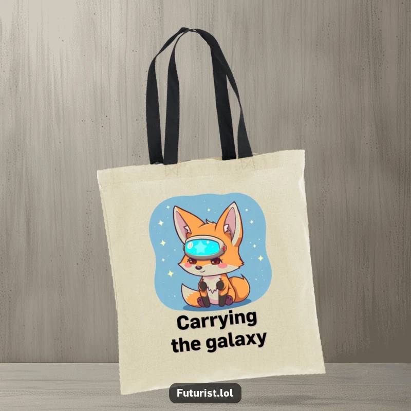 Funny Fox Sci-Fi Tote Bag: A curious fox with a visor studies a holographic star map, perfect for carrying your funny space adventures.